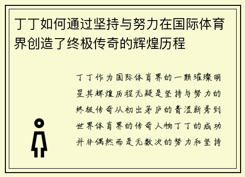 丁丁如何通过坚持与努力在国际体育界创造了终极传奇的辉煌历程
